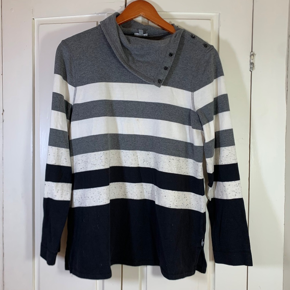 T by Talbots Womens L Grey Striped Funnel Neck Button Shoulder Long Sleeve Top